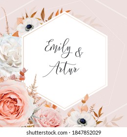 Elegant vector art stylish wedding invite, invitation card design. Chic bouquet hexagonal geometrical frame: blush peach, pink rose flowers, white anemone, lush eucalyptus, fern leaves in autumn tones