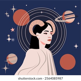 Elegant vector art of a woman representing the zodiac sign Aries, with cosmic elements like planets and a dark starry background. A creative touch for astrology or cosmic projects