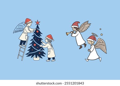 Elegant vector artwork featuring angels atop Christmas trees, perfect for holiday decorations and festive designs.