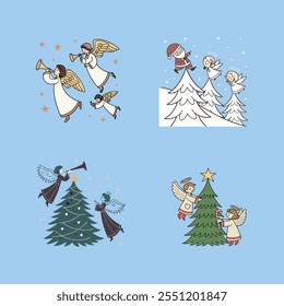 Elegant vector artwork featuring angels atop Christmas trees, perfect for holiday decorations and festive designs.