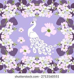 Elegante obra de arte de Vector con un pavo real blanco rodeado de flores de color rosa y púrpura sobre un fondo de lavanda, perfecto para impresiones de telas, Fondos de pantalla y proyectos de diseño decorativo.