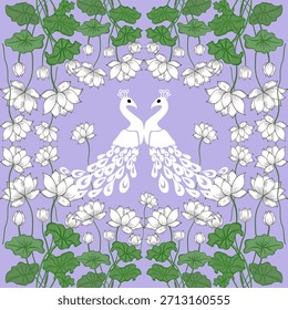 Elegante obra de arte de Vector con un pavo real blanco rodeado de flores de color rosa y púrpura sobre un fondo de lavanda, perfecto para impresiones de telas, Fondos de pantalla y proyectos de diseño decorativo.
