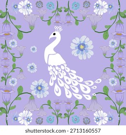 Elegante obra de arte de Vector con un pavo real blanco rodeado de flores de color rosa y púrpura sobre un fondo de lavanda, perfecto para impresiones de telas, Fondos de pantalla y proyectos de diseño decorativo.
