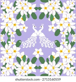 Elegante obra de arte de Vector con un pavo real blanco rodeado de flores de color rosa y púrpura sobre un fondo de lavanda, perfecto para impresiones de telas, Fondos de pantalla y proyectos de diseño decorativo.