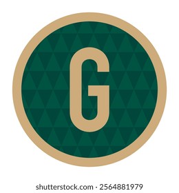 Elegant vector artwork of the letter G set in a circular frame with golden borders. The background uses a green triangular pattern for a sleek and professional appearance.