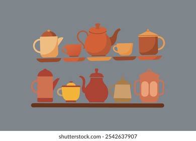 Elegant vector artwork of tea-serving crockery, showcasing teapots, cups, and saucers with intricate details. Perfect for kitchen, hospitality, and culinary design projects.