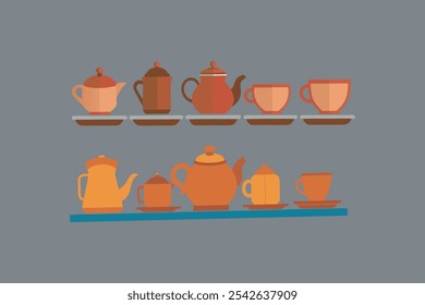 Elegant vector artwork of tea-serving crockery, showcasing teapots, cups, and saucers with intricate details. Perfect for kitchen, hospitality, and culinary design projects.