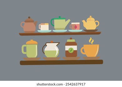 Elegant vector artwork of tea-serving crockery, showcasing teapots, cups, and saucers with intricate details. Perfect for kitchen, hospitality, and culinary design projects.