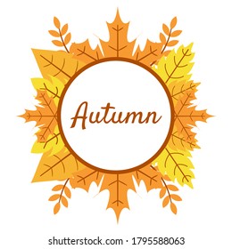 elegante borde de marco de círculo de otoño con hojas de naranja amarillas caídas. corona de hojas de otoño. se puede usar para banner, afiche, invitación, tarjeta de saludo, impresión, gráfico de movimiento.