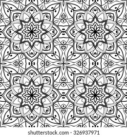 Elegant, vector backdrop with oriental ornaments of mandalas on a white background. Sketch pattern for carpet, shawl.
