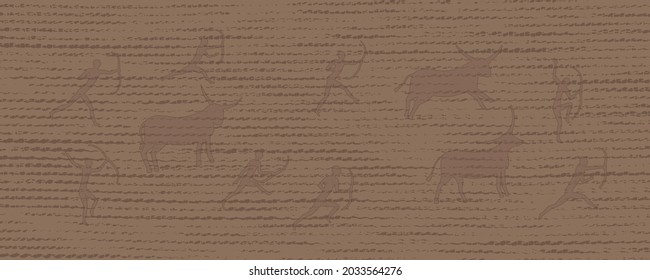 Elegant vector background in beige-brown tones with a matting texture and drawings in the Lascaux cave style. Abstract background with contours of bulls and hunters with bows. Rock paintings.