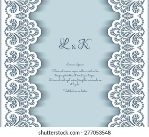 Elegant vector background with cutout paper lace borders, greeting card or wedding invitation template, eps10