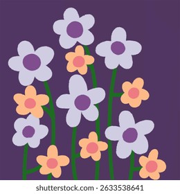 Fundo de vetor elegante com flores Daisy em roxo claro e laranja pastel em um fundo roxo sedutor