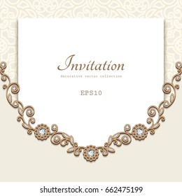 Elegant vector background with diamond decoration, jewelry gold frame, vintage save the date or invitation card template