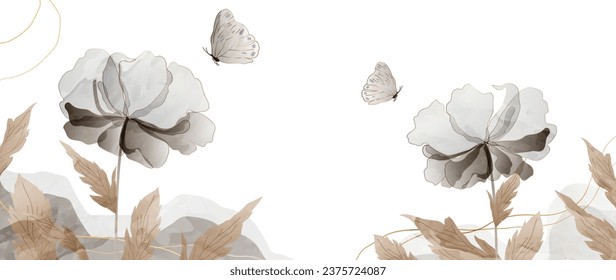 Elegant vector background with earthy tones and golden border. Dark peonies on a white background with butterflies in a watercolor texture. Vector background for banner, poster, web and packaging.	