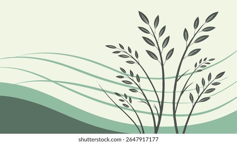 Elegant vector background featuring abstract green waves and stylized plant branches with leaves. Perfect for nature-themed designs, web, or print.