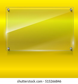 Elegant vector background with glass banner. Color polished texture with highlights and glow on the yellow background. Vector editable texture, easy to change size