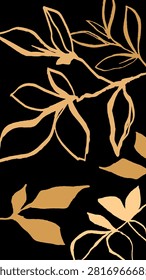 Elegant vector background with gold leaf outlines on a black backdrop, creating a sophisticated and artistic botanical design. Mobile wallpaper design.