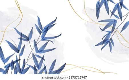 Elegante fondo vectorial con líneas doradas. Hojas azules y ramas de un árbol de caña con líneas doradas y textura acuarela, para el diseño, decoración, interior de papel pintado	