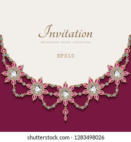 Elegant vector background with jewellery border decoration, jewelry gold frame, vintage wedding invitation or greeting card template, eps10