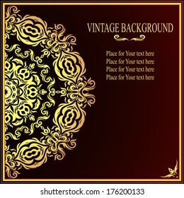 Elegant vector background with lace ornament and place for text. Gold Floral elements, ornate background. Vintage, antique, victorian old paper card, cover page, label template for design.  