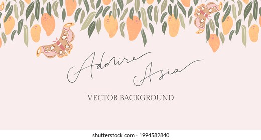 Elegant vector background with mango leaves and fruits and atlas moth butterflies. Perfect for summer, eco, vacation, resort, beauty, spa designs.