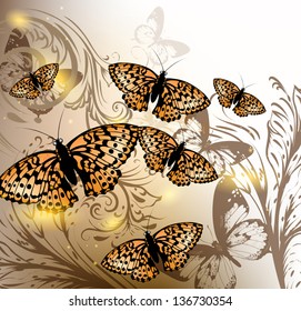 Elegant vector background with orange butterflies and swirl ornament