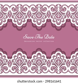 Elegant vector background with ornamental lace borders, greeting card or wedding invitation template