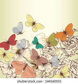 Elegant vector background with pastel butterflies and hand drawn roses