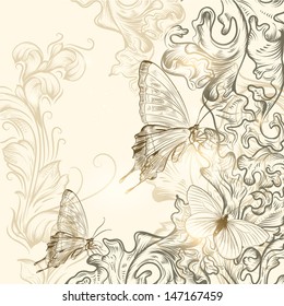 Elegant vector background with pastel butterflies and hand drawn ornament