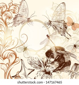 Elegant vector background with pastel butterflies and hand drawn ornament