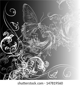 Elegant vector background with pastel butterflies and hand drawn ornament