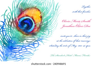Elegant vector background for wedding invitation with watercolor peacock feather