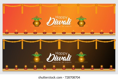Elegant vector banner set for indian festival diwali celebrations. Can be used for advertisement, poster, banner and backgrounds. (Translation - Happy Diwali)