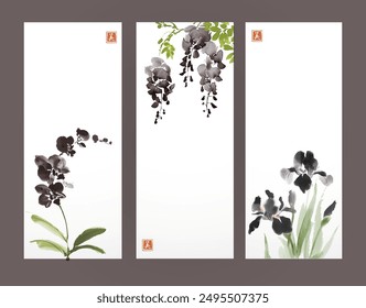 Elegant vector banners with black blossoms, green leaves and place for your text. Traditional oriental ink painting sumi-e, u-sin, go-hua. Hieroglyph - beauty