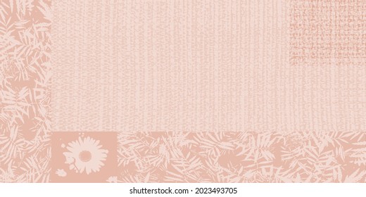 Elegant vector beige-pink combined background with the texture of matting or burlap. Abstract background with outlines of flowers and leaves in pastel colors. An unusual template for your design.