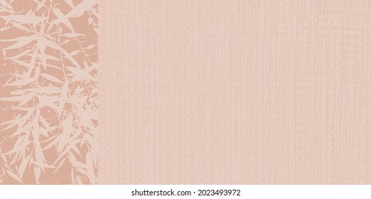 Elegant vector beige-pink combined background with the texture of matting or burlap. Abstract background with outlines of leaves in pastel colors. A modern template for your design.