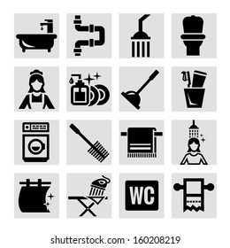 Elegant Vector Black Bathroom Icons Set.