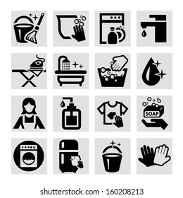 Elegant Vector Black Cleaning Icons Set.