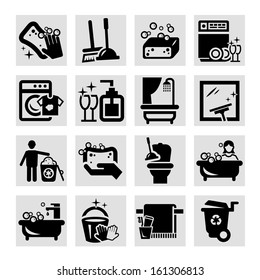 Elegant Vector Black Cleaning Icons Set.