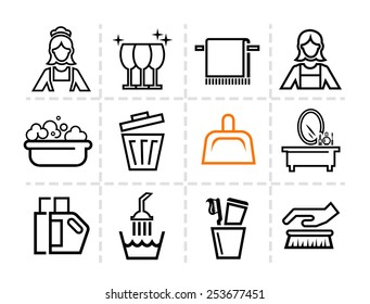 Elegant Vector Black Cleaning Line Icons Set