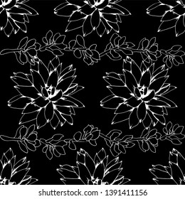 Elegant vector black and white succulent seamless pattern in a botanical style arranged in ornamental horizontal rows. Great for fabric, scrapbooking, web, paper products.