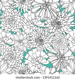 Elegant vector black and white succulent seamless pattern on blue backgound in a botanical style. Great for fabric, scrapbooking, web, paper products.