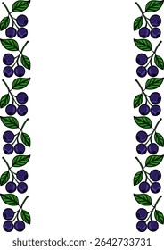 Elegant vector blueberry branch border design, featuring dark purple berries and vibrant green leaves, perfect for invitations, cards, or packaging.
