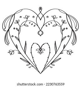 Elegant vector boho heart. Outline. Simple lines. Doodle. For greeting card.