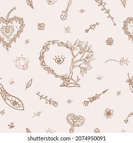 Elegant vector boho seamless pattern with hearts, trees, flowers. For print and your own design. Vintage.