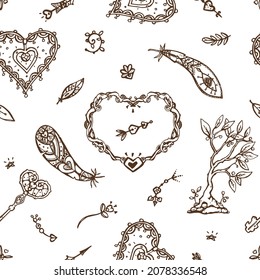 Elegant vector boho seamless pattern with hearts, trees, flowers on white background. For print and your own design. Vintage. St Valentines Day, engage. Love.