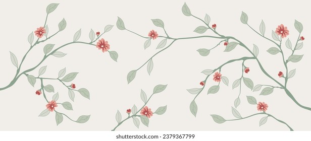 Elegant vector botanical art, background. Delicate tree branches with leaves and flowers and beige background, hand drawn botanical art. For print, cover, decor, walls, packaging, fabric.	