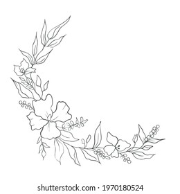 Elegant vector botanical floral flowers and leaves black line wreath, detailed hand-drawn romantic wedding decoration doodle drawing white background, nature blossom frame element for card invitation