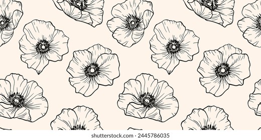 Elegante patrón botánico sin costuras de Vector. Fondo floral blanco y negro minimalista con estilo. Adorno con siluetas de flores de contorno simple, amapolas. Diseño repetido para la decoración, textil, impresión